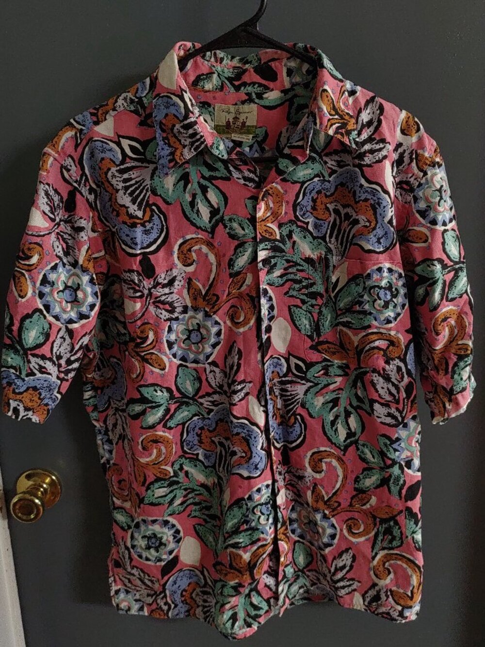 Reyn Spooner Y2K Pink Abstract Floral Linen Cotton Hawaiian Aloha Shirt M